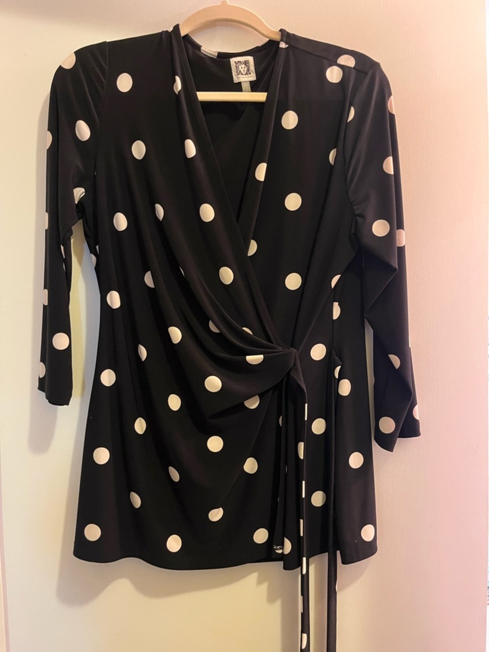 Anne Klein Black Polka Dot Wrap Blouse with White Dots
